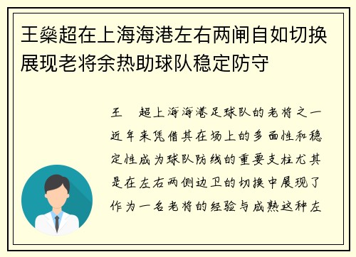 王燊超在上海海港左右两闸自如切换展现老将余热助球队稳定防守