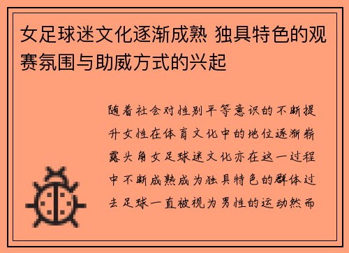 女足球迷文化逐渐成熟 独具特色的观赛氛围与助威方式的兴起